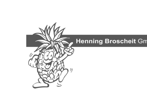 Henning Broscheit GmbH Logo mit laufender Ananas-Figur und grauem Schriftbalken